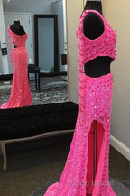 Hot Pink One Shoulder Sequins Formal Prom Dresses with Slit