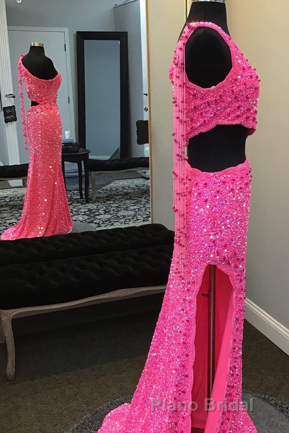 Hot Pink One Shoulder Sequins Formal Prom Dresses with Slit Secondary image