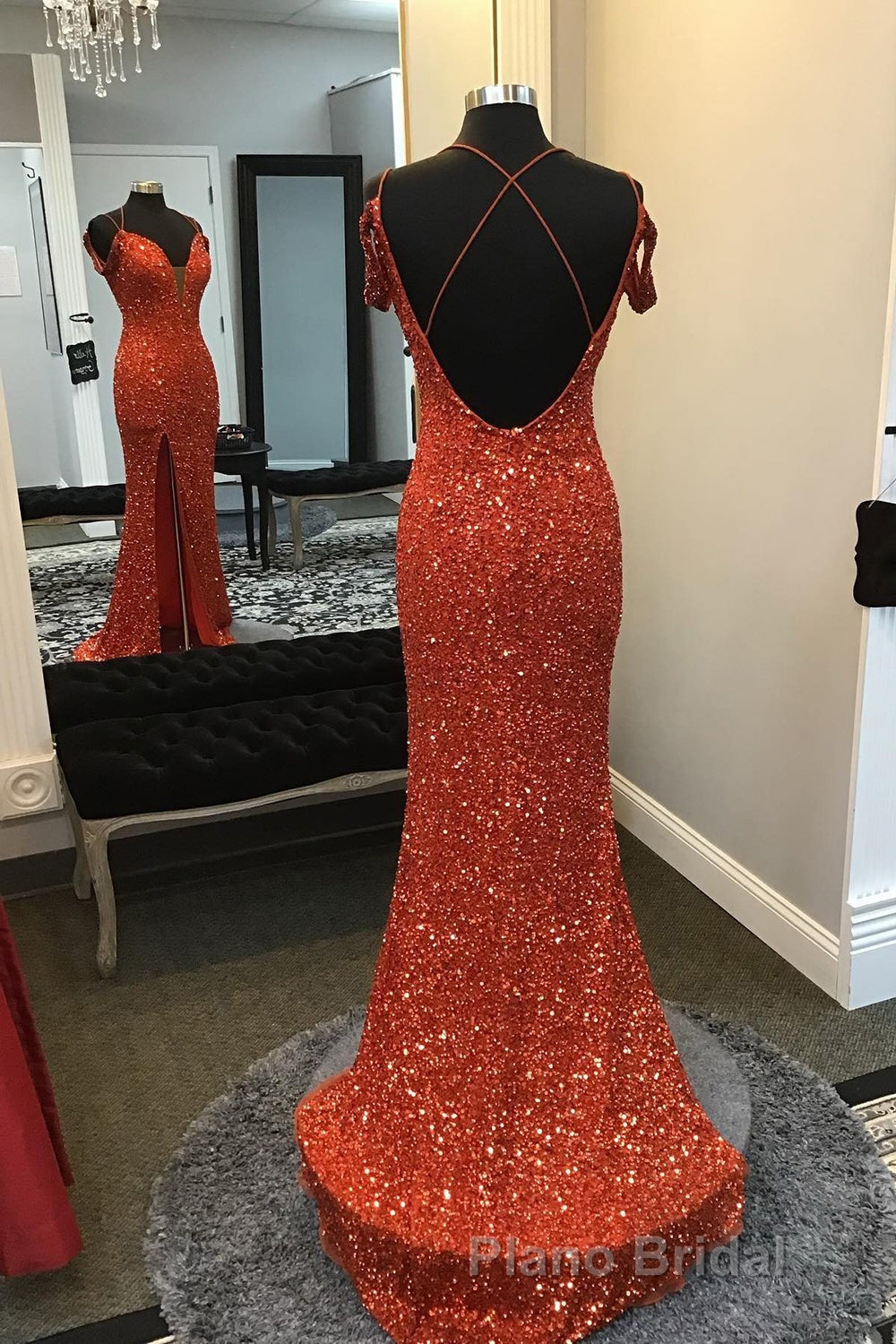 Orange Sparkly Spaghetti Straps Sequins Long Formal Prom Dresses with Slit