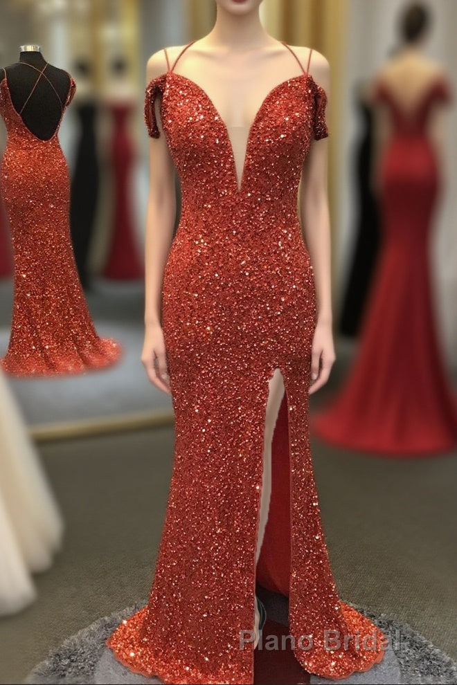 Orange Sparkly Spaghetti Straps Sequins Long Formal Prom Dresses with Slit Main image