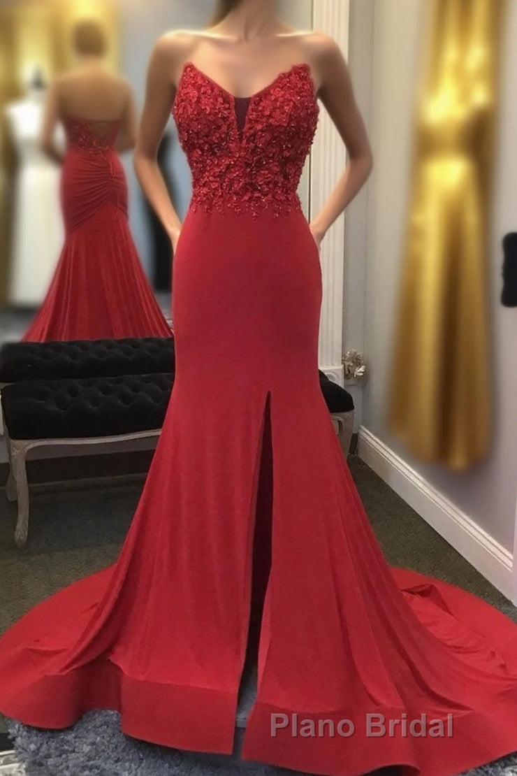 Beaded Red Mermaid Formal Prom Dresses with Appliques Main image