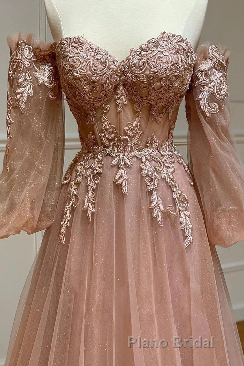 Blush Corset Off the Shoulder Long Formal Prom Dresses with Appliques
