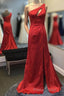 Mermaid One Shoulder Red Long Formal Prom Dresses with Keyhole