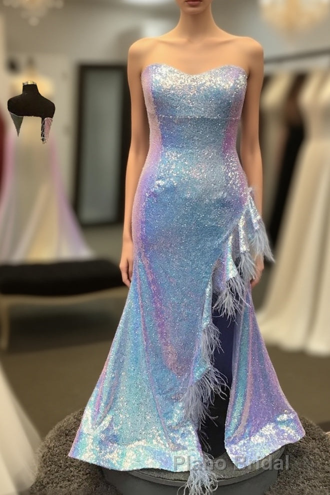Plus Size Light Blue Sweetheart Mermaid Sequins Long Formal Prom Dresses with Feathers Main image