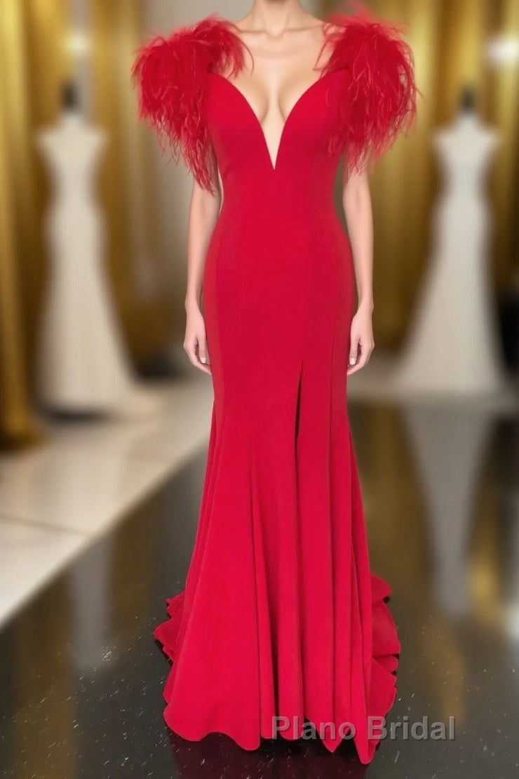 Red Mermaid Long Formal Prom Dresses with Feathers Main image