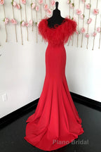 Red Mermaid Long Formal Prom Dresses with Feathers