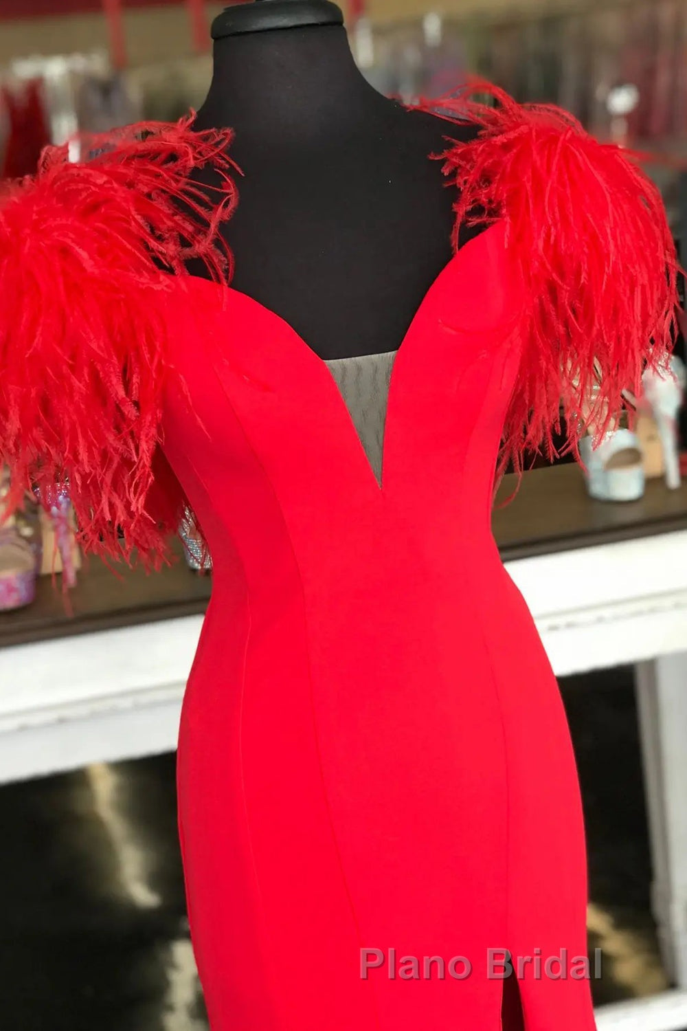 Red Mermaid Long Formal Prom Dresses with Feathers