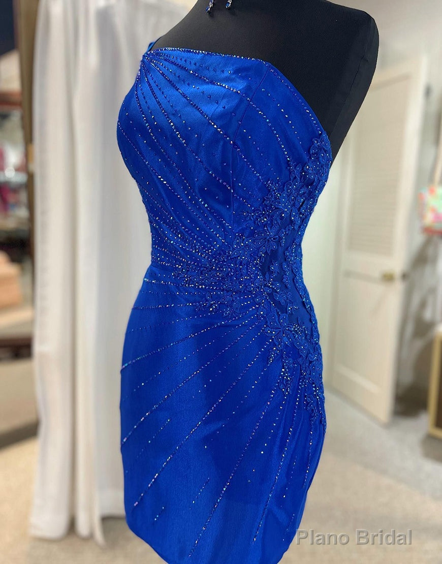 Royal Blue One Shoulder Tight Glitter Homecoming Dress Secondary image