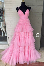 Sparkly Spaghetti Straps Tiered Tulle Formal Prom Dresses, New Long Party Gown