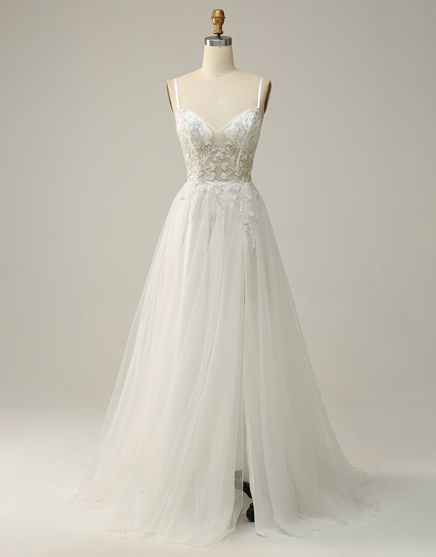 White A-Line Spaghetti Straps Long Prom Dress With Beading