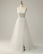 White A-Line Spaghetti Straps Long Prom Dress With Beading