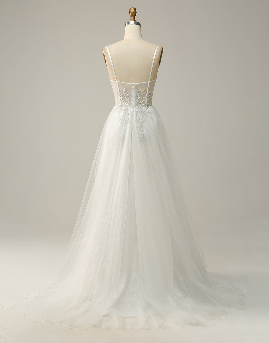 White A-Line Spaghetti Straps Long Prom Dress With Beading Secondary image