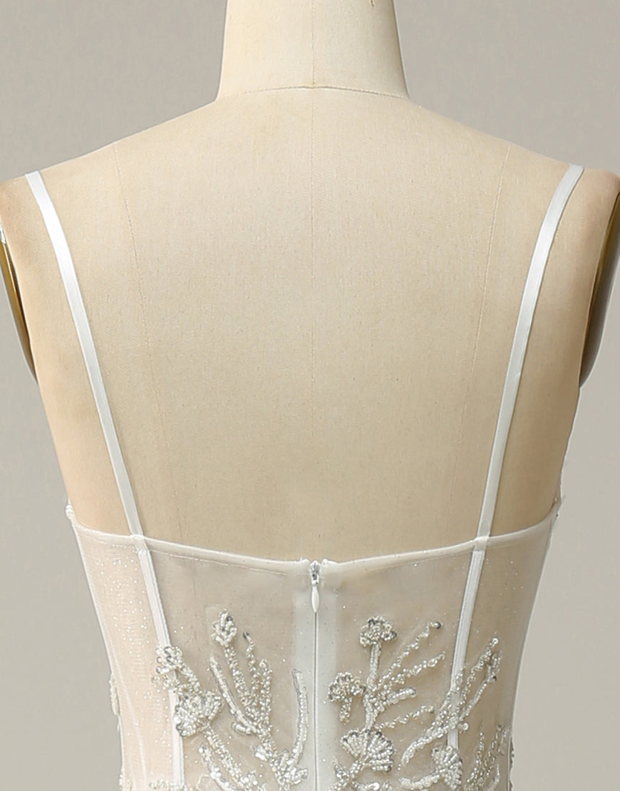 White A-Line Spaghetti Straps Long Prom Dress With Beading