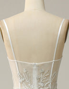 White A-Line Spaghetti Straps Long Prom Dress With Beading