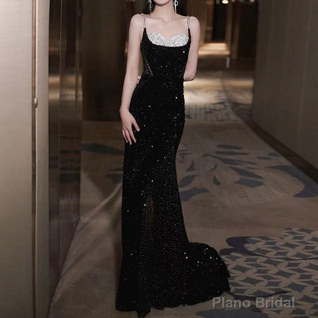 Spaghetti Strap Sweetheart Neckline Two Tone Rhinestone Accent Sequin Trained Open Back Mermaid Evening Gown Main image
