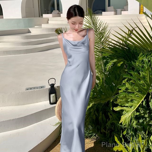 Spaghetti Strap Cowl Neck Plain Open Back Satin Midi A-Line Prom Dress Main image