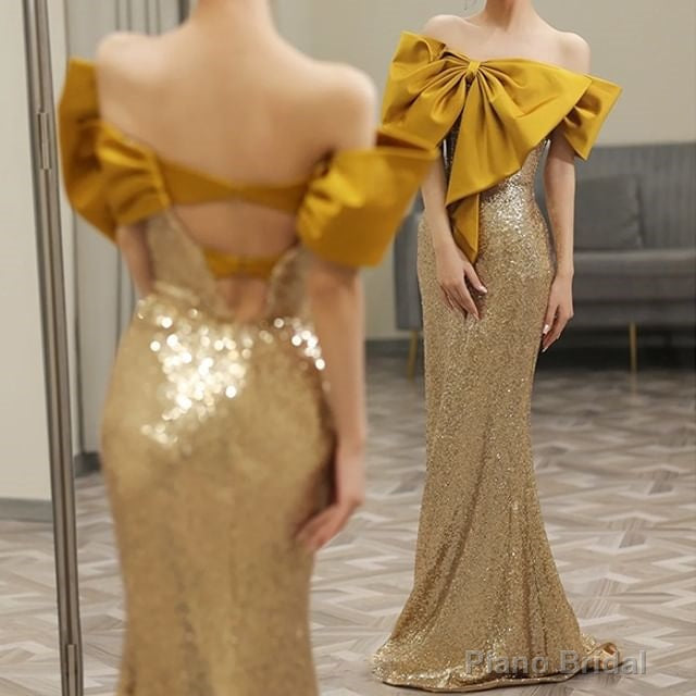 Off-Shoulder Sequin Bow Accent Open Back Mermaid Evening Gown Main image