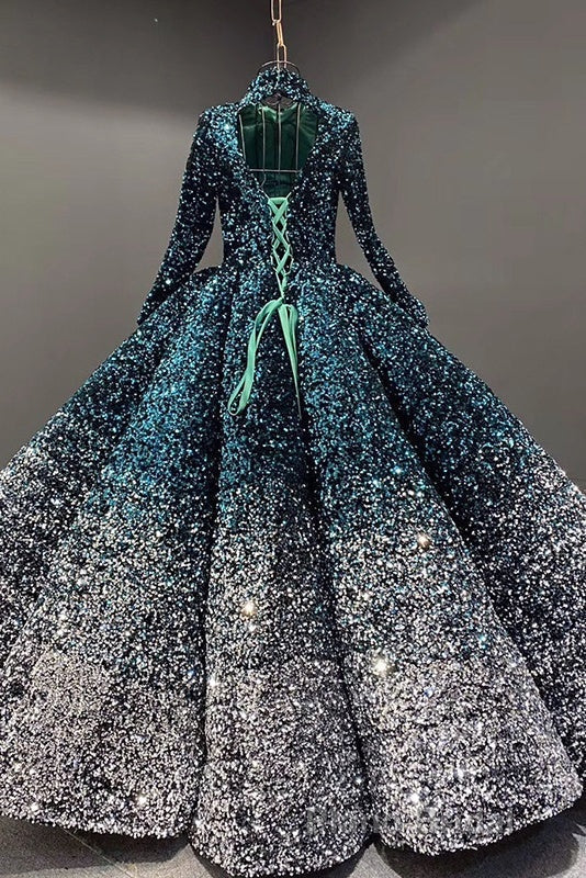 Glitter High Neck Open Back Lace Up Ball Gown Formal Prom Dresses Secondary image