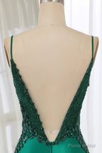 Dark Green Spaghetti Straps Mermaid Satin Prom Dress With Appliques
