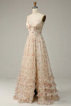 A-Line Spaghetti Straps Floor Length Print Prom Dress With Split