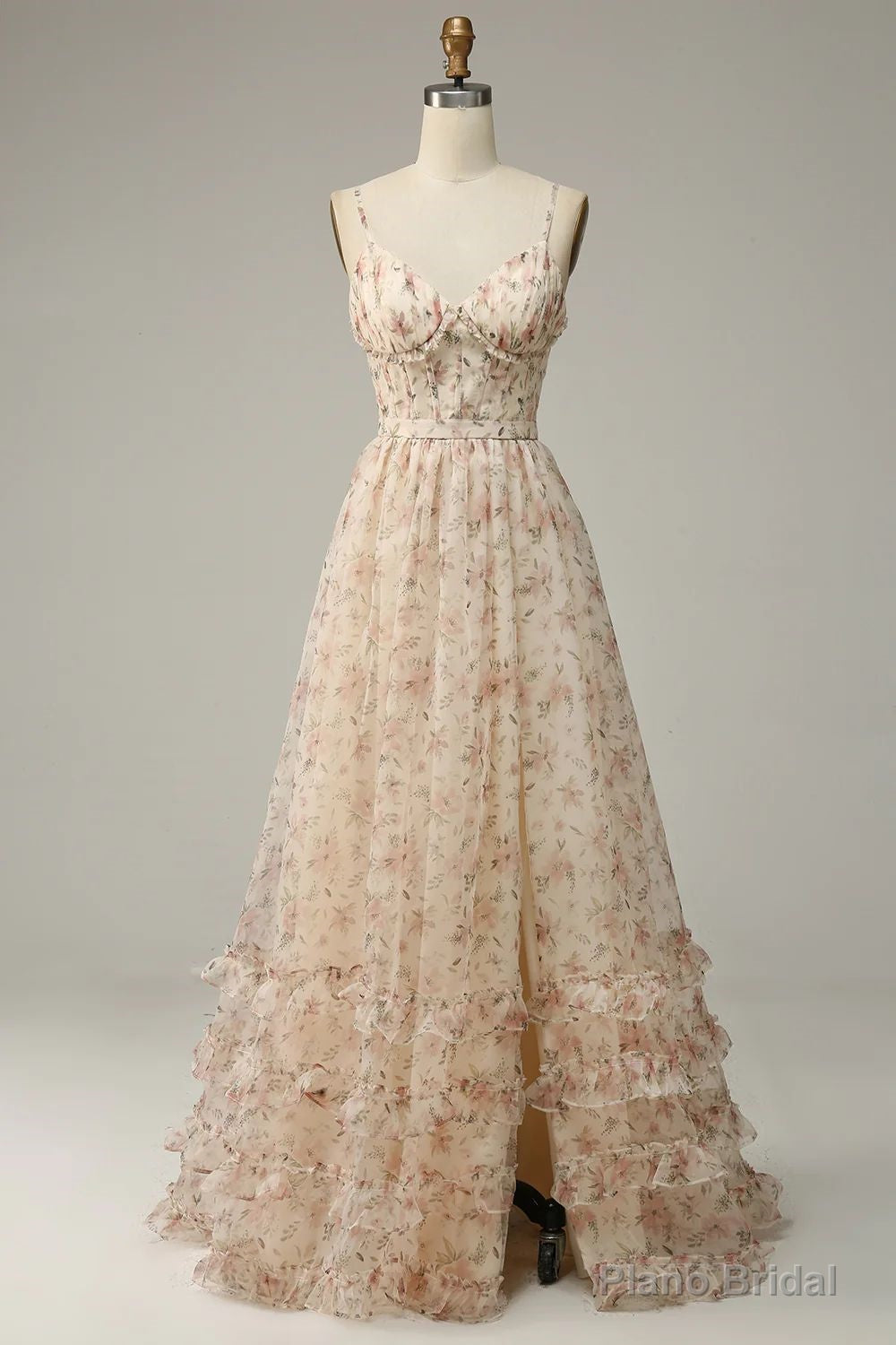A-Line Spaghetti Straps Floor Length Print Prom Dress With Split Main image