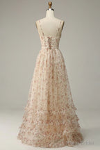 A-Line Spaghetti Straps Floor Length Print Prom Dress With Split