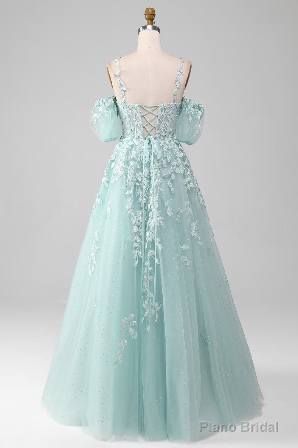 Mint A Line Tulle Off the Shoulder Lace Up Long Prom Dress With Appliques Main image