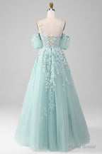 Mint A Line Tulle Off the Shoulder Lace Up Long Prom Dress With Appliques