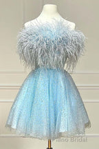 Black A-Line Strapless Homecoming Dresses with Feathers