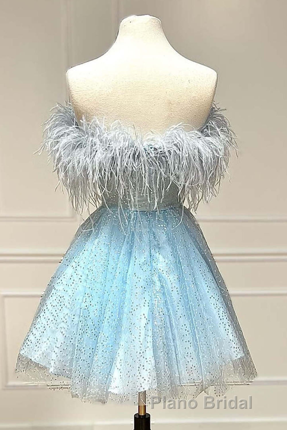 Light Blue A-Line Strapless Homecoming Dresses with Feathers