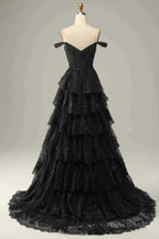 Sparkly Black Off The Shoulder Long Tiered Corset Prom Dress With Sequin