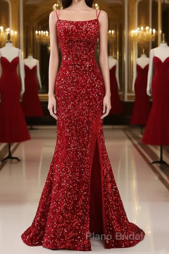 Red Sparkly Mermaid Backless Long Formal Prom Dress with Fringes Main image