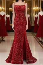 Red Sparkly Mermaid Backless Long Formal Prom Dress with Fringes