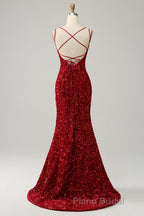 Red Sparkly Mermaid Backless Long Formal Prom Dress with Fringes