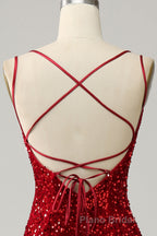 Red Sparkly Mermaid Backless Long Formal Prom Dress with Fringes