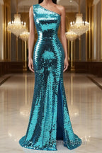 Sparkly Blue Sequins One Shoulder Long Formal Prom Dress with Slit