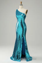 Sparkly Blue Sequins One Shoulder Long Formal Prom Dress with Slit