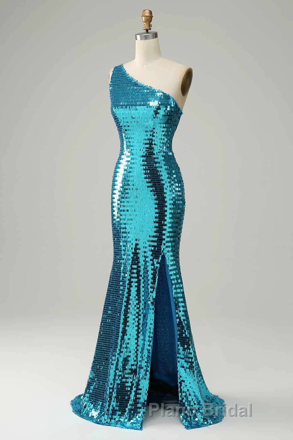 Sparkly Blue Sequins One Shoulder Long Formal Prom Dress with Slit