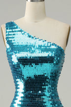Sparkly Blue Sequins One Shoulder Long Formal Prom Dress with Slit