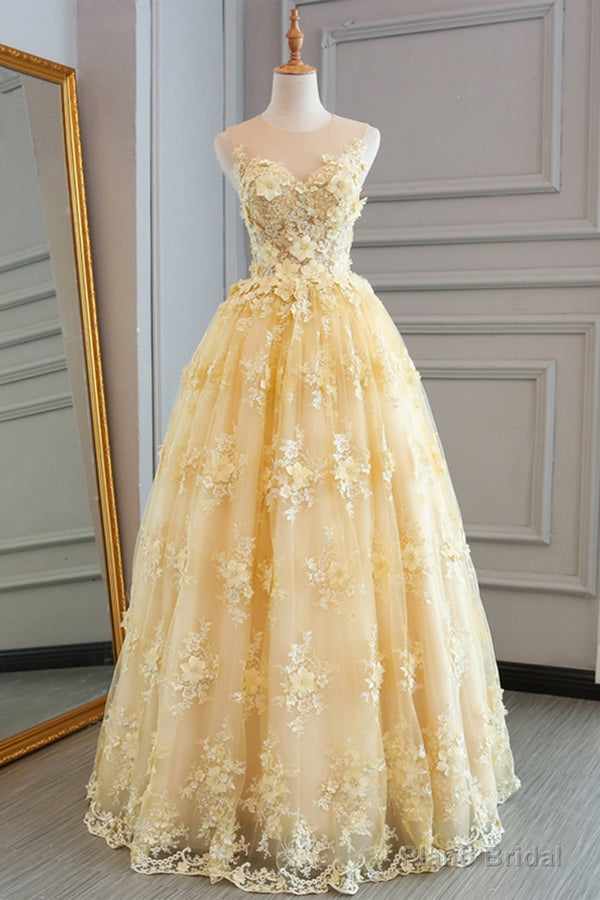 Yellow Sheer Neck Tulle Lace Floral Floor Length Prom Dresses Secondary image
