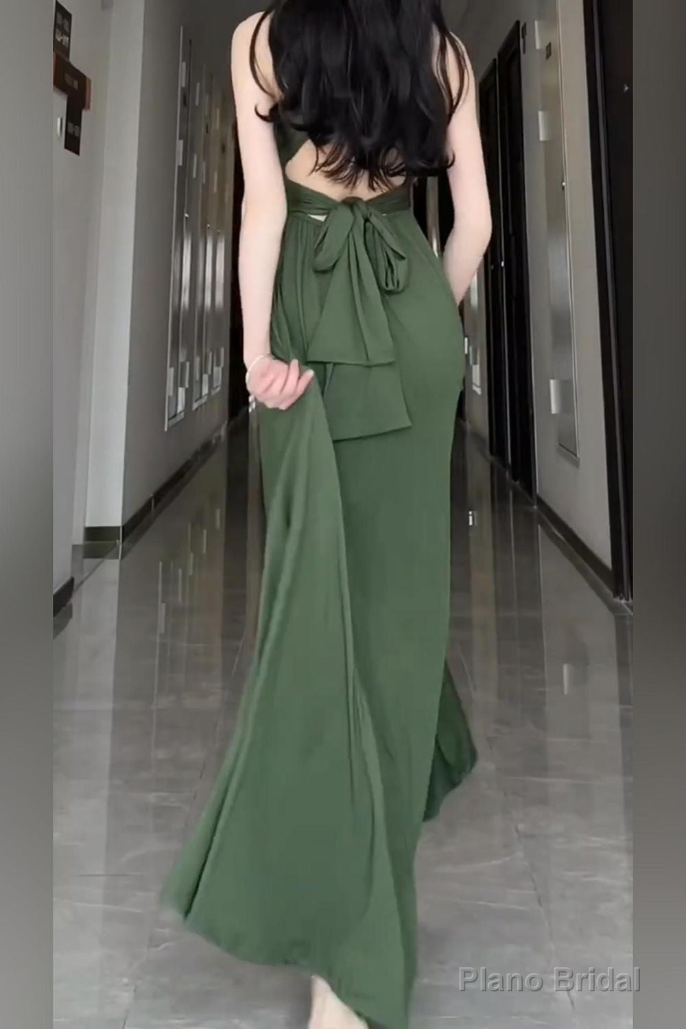 V Neck Halter Neck Green Dress
