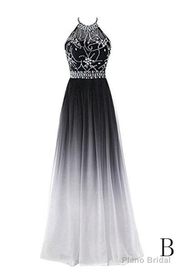 Classy Black And White Halter Lace Up Long Beaded Prom Dress