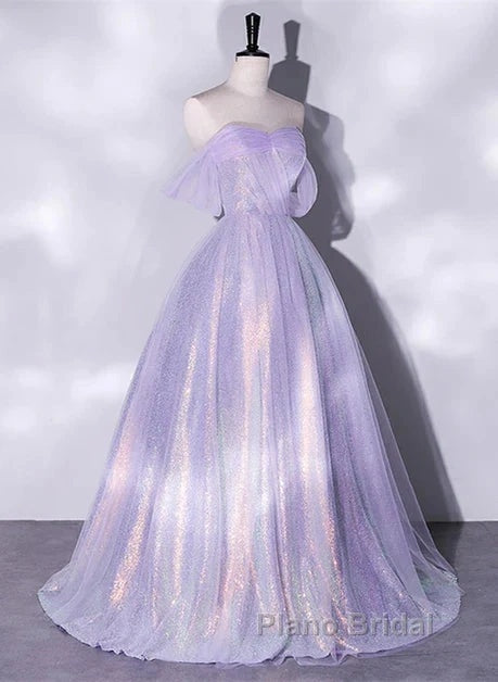 A Charming Sequin Lavender A-Line Sheer Strapless Dance Dresses, Lavender Princess Off The Shoulder Sleeveless Sheer Evening Dresses Secondary image