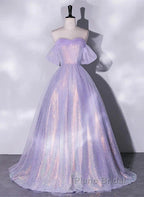 A Charming Sequin Lavender A-Line Sheer Strapless Dance Dresses, Lavender Princess Off The Shoulder Sleeveless Sheer Evening Dresses