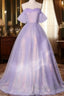 A Charming Sequin Lavender A-Line Sheer Strapless Dance Dresses, Lavender Princess Off The Shoulder Sleeveless Sheer Evening Dresses
