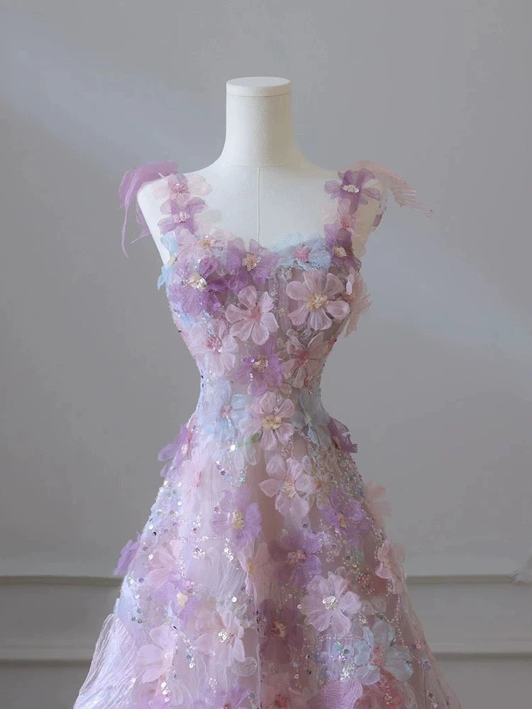 A Line 3D Floral Lace Skirt Tulle Bodice Floor-Length Formal Prom Dresses Secondary image