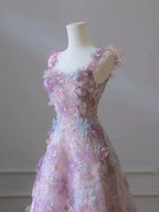 A Line 3D Floral Lace Skirt Tulle Bodice Floor-Length Formal Prom Dresses