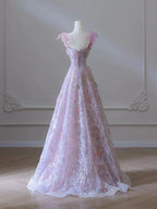 A Line 3D Floral Lace Skirt Tulle Bodice Floor-Length Formal Prom Dresses