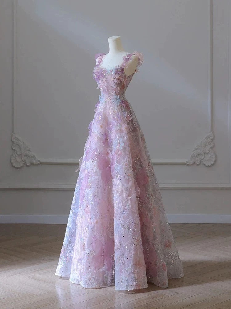 A Line 3D Floral Lace Skirt Tulle Bodice Floor-Length Formal Prom Dresses