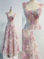 A Line 3D Floral Lace Skirt Tulle Bodice Floor-Length Formal Prom Dresses